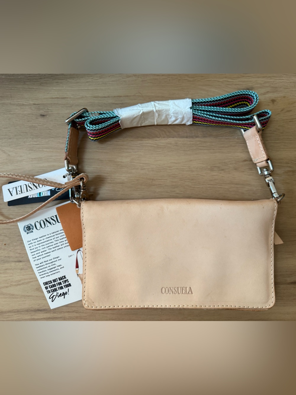 Consuela Pale Nude Leather Card Holder with Multicolor Woven Strap